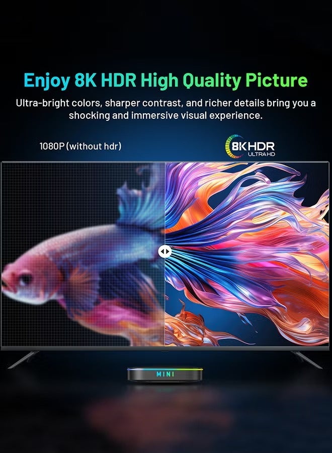 تلفزيون صندوق تلفاز ذكي بدقة 8K يعمل بنظام أندرويد 14، معالج ARM Cortex A53 رباعي النواة، مع واي فاي 2.4G/5G، وجهاز تحكم عن بعد مع ضوء تنفس مضيء - Image 5